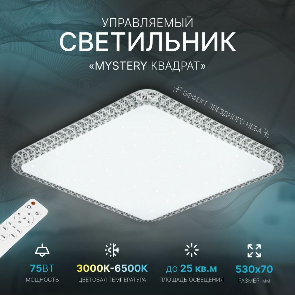 фото Управляемый квадратный светодиодный потолочный светильник Pluton 75W с эффектом Звездного неба
