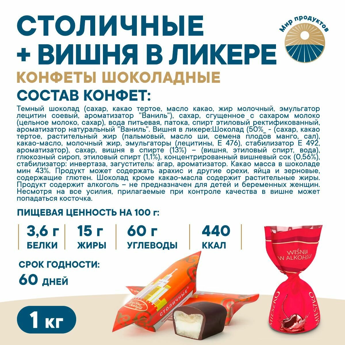 Ассорти шоколадных конфет Столичные + Вишня в ликере, с алкогольным вкусом, 1кг — фото 1