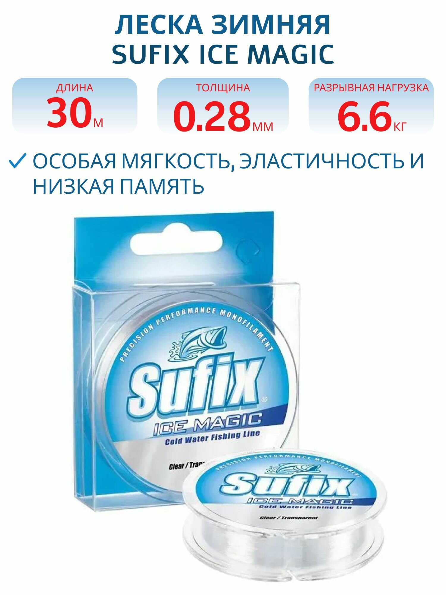 Леска зимняя Sufix Ice Magic прозрачная, блистер, 30 м 0,28 мм, 6,6 кг
