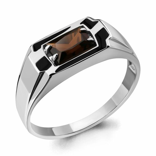 фото Печатка diamant online, серебро, 925 проба, родирование, эмаль, кварц, размер 21.5, коричневый/черный