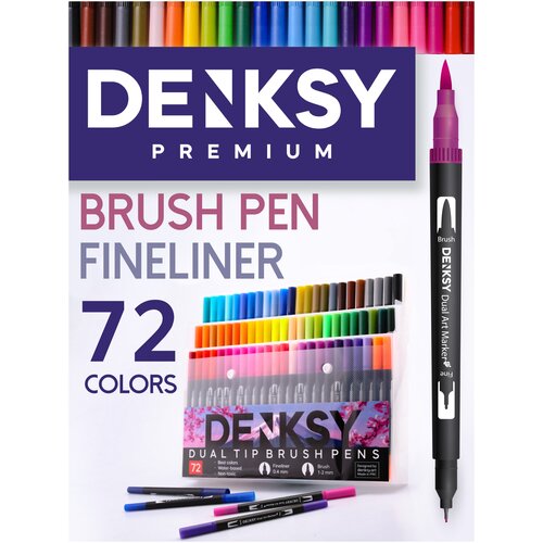 Маркеры DENKSY для скетчинга, 72 цвета, двусторонние (кисть 1-2 мм, линер 0,4 мм), корпус черный