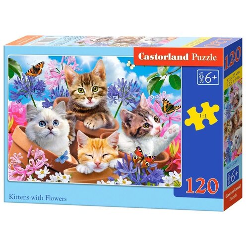 пазл castorland котята в мотках пряжи 300 деталей Пазл Castorland 120 деталей: Котята в цветах