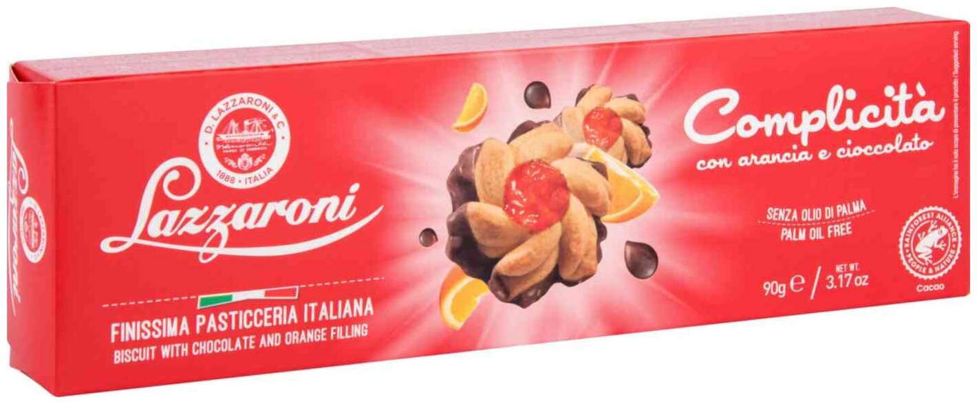 Печенье LAZZARONI COMPLICITA с шоколадом и апельсином 90г - фотография № 1