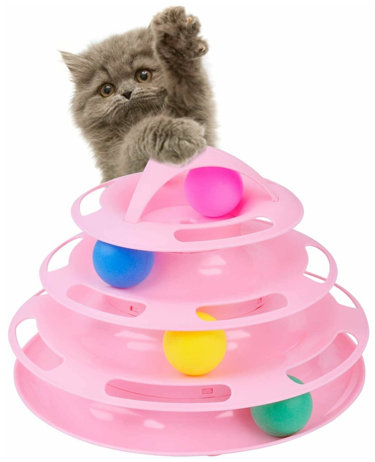 Игрушка для кошек Трек-башня с мячиками "Чистый котик" 25х18 см, розовая, пластик - фотография № 1