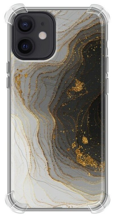 Дизайнерский силиконовый с усиленными углами чехол для Айфон 12 мини / Iphone 12 Mini Мрамор черное золото