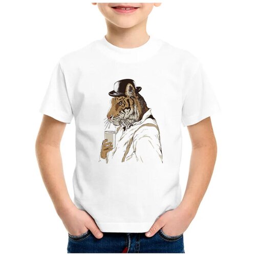 Детская футболка coolpodarok 22 р-рЖивотные Тигр в шляпе белого цвета