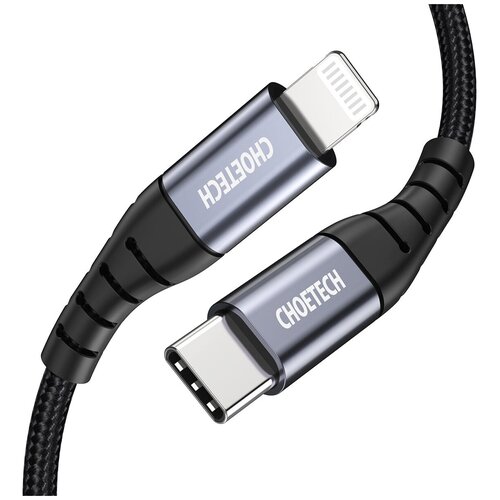 кабель canyon mfi 4 usb c to lightning для зарядки и передачи данных 1 2 м mfi белый cns mfic4w Кабель Choetech Nylon Braided Cable MFi USB-C to Lightning 1.2 м, цвет Темно-серый (IP0039)