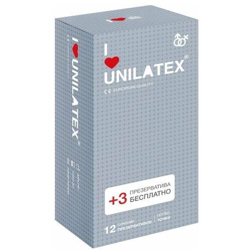 Презервативы с точками Unilatex Dotted - 12 шт. + 3 шт. в подарок презервативы unilatex ribbed 12 ребристые