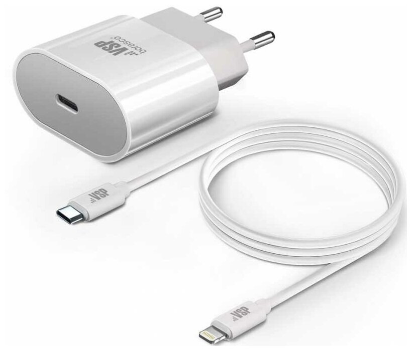 Сетевое зарядное устройство Borasco Power Delivery, 20 Вт + кабель USB-C - 8 pin, 3А, 1м, белый