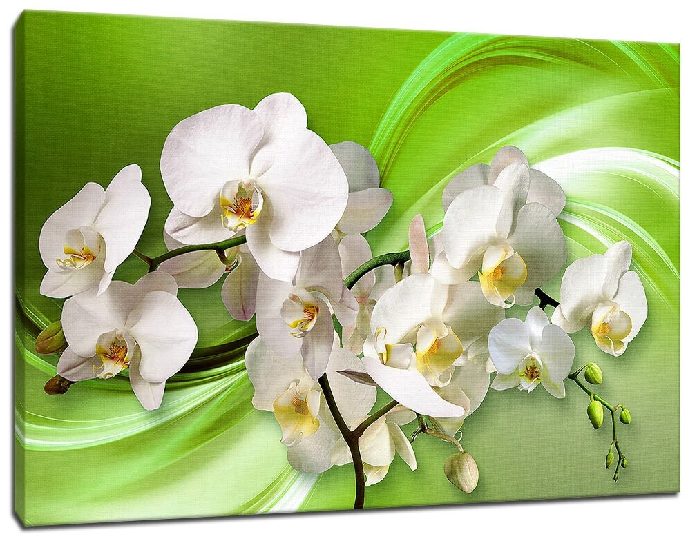 Картина Уютная стена "Белые орхидеи 3D на зеленом фоне" 90х60 см