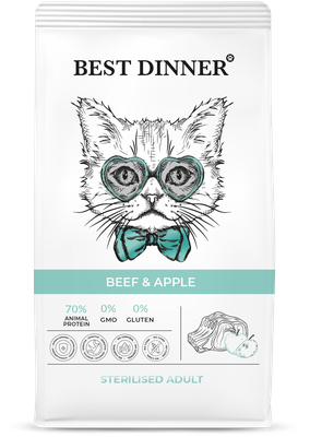 Сухой корм для кошек Best Dinner Adult Sterilised Beef & Apple для кастрированных и стерилизованных кошек склонных к аллергии и проблемам с пищеварением с Говядиной и яблоком 0,4 кг