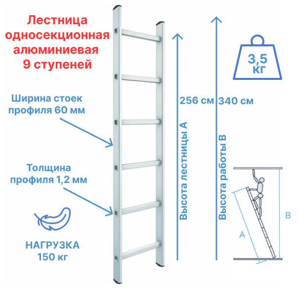 Лестница приставная односекционная 1х9, Высота, max 256 см - фотография № 2