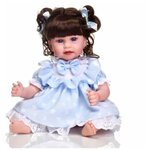 Кукла пупс Реборн набивная девочка 50 см в подарок ребенку . Кукла-брюнетка в голубом платье с аксессуарами и мягкой игрушкой - изображение