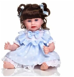 Фото Кукла пупс Реборн набивная девочка 50 см в подарок ребенку . Кукла-брюнетка в голубом платье с аксессуарами и мягкой игрушкой