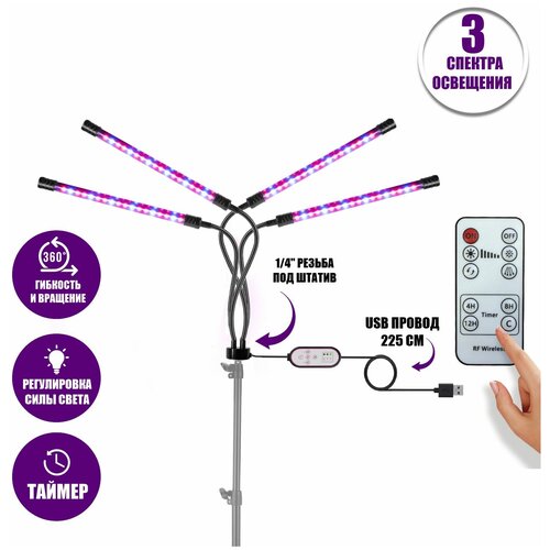 Фитолампа светодиодная, светильник для растений с креплением на штатив с резьбой 1/4’’, с пультом на проводе и пультом ДУ, 4 панели