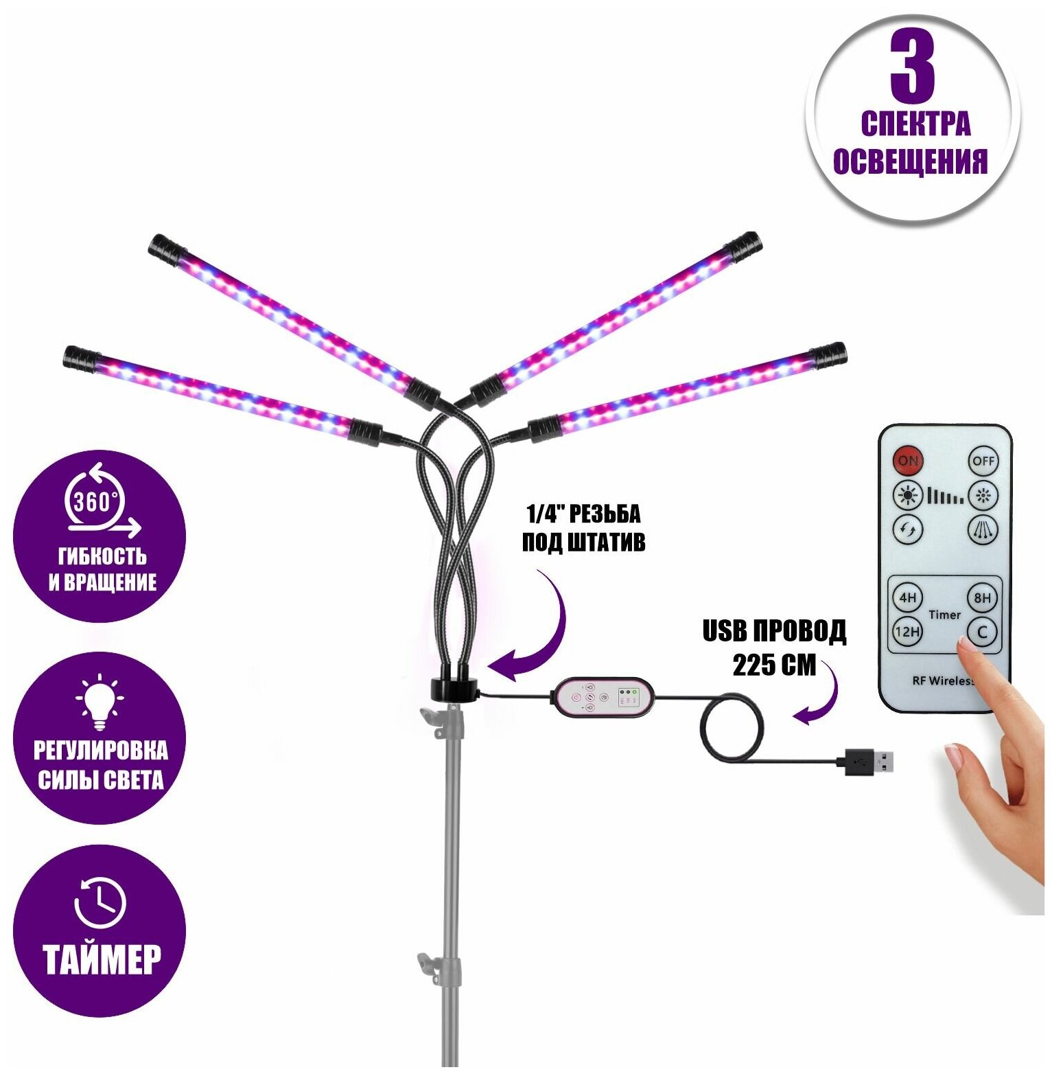 Фитолампа светодиодная, светильник для растений с креплением на штатив с резьбой 1/4’’, с пультом на проводе и пультом ДУ, 4 панели