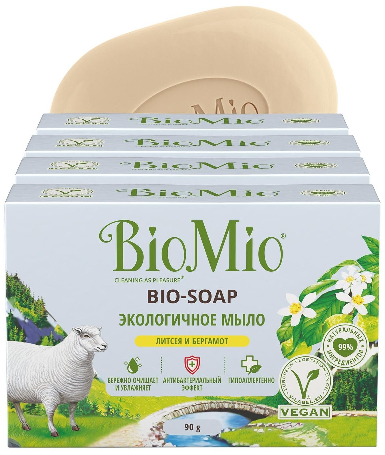 Экологичное туалетное мыло BioMio BIO-SOAP с эфирными маслами литсея и бергамота 90 гр х 4 шт
