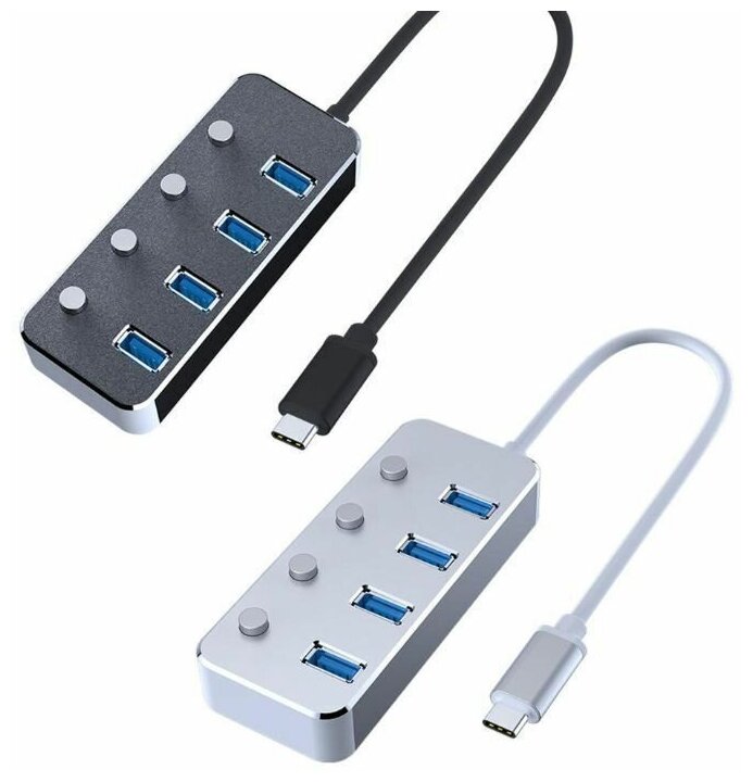 USB-концентратор хаб HRS A21 (разветвитель Type-С HUB) на 4 порта USB 3.0 металлический (60 см) (Черный)