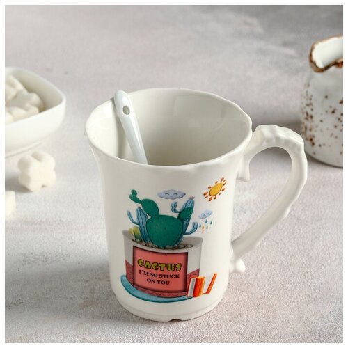 фото Кружка с ложкой "кактусы" 350 мл, 19х15х10,5 см, рисунок микс newstory