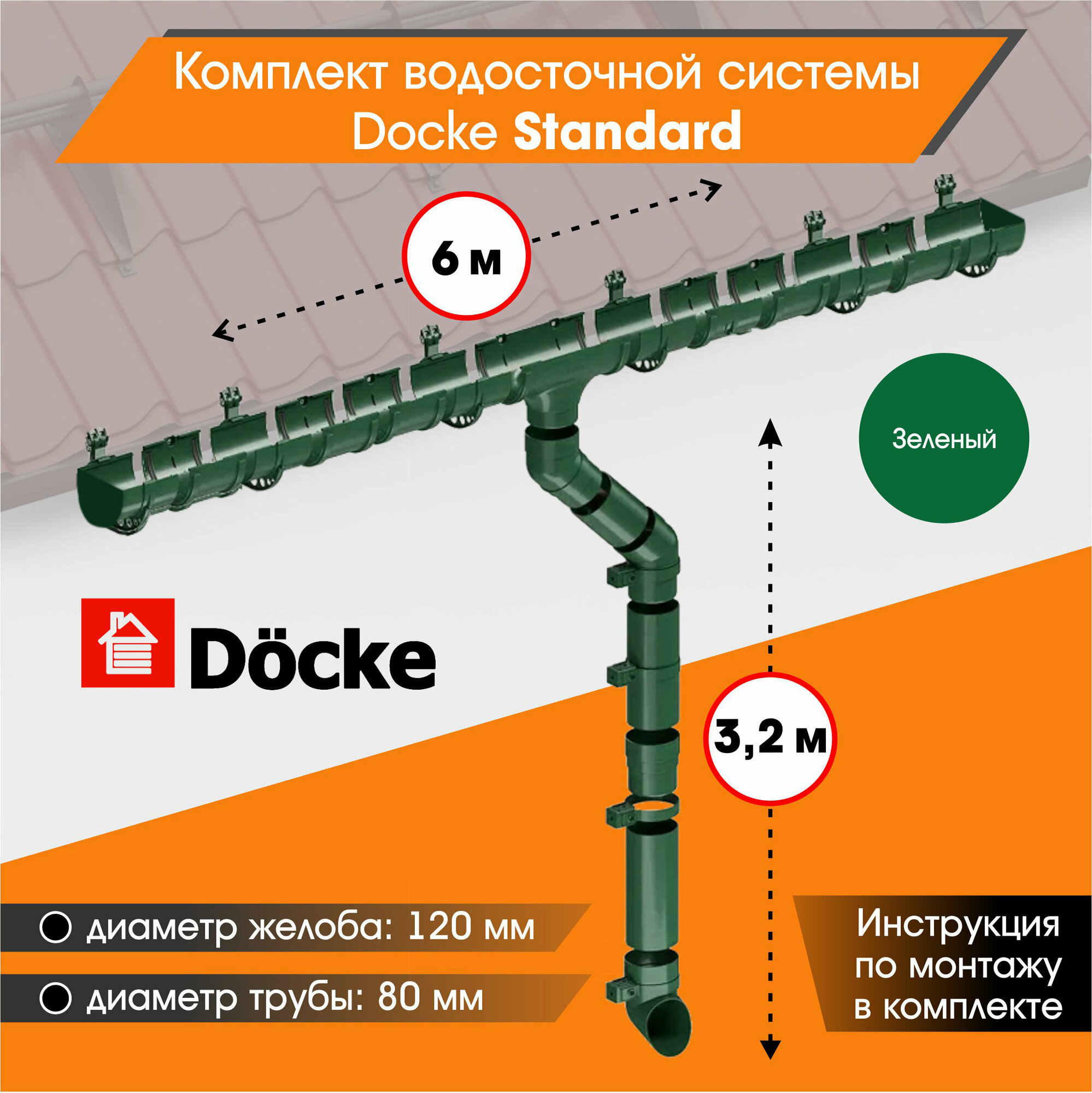 фото Комплект водосточной системы Docke Standard для ската 6м, Зеленый