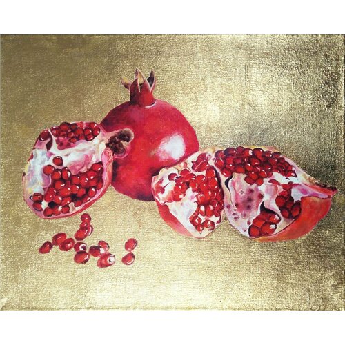 Авторская картина на стену маслом Гранаты на золоте, 50х40 см.