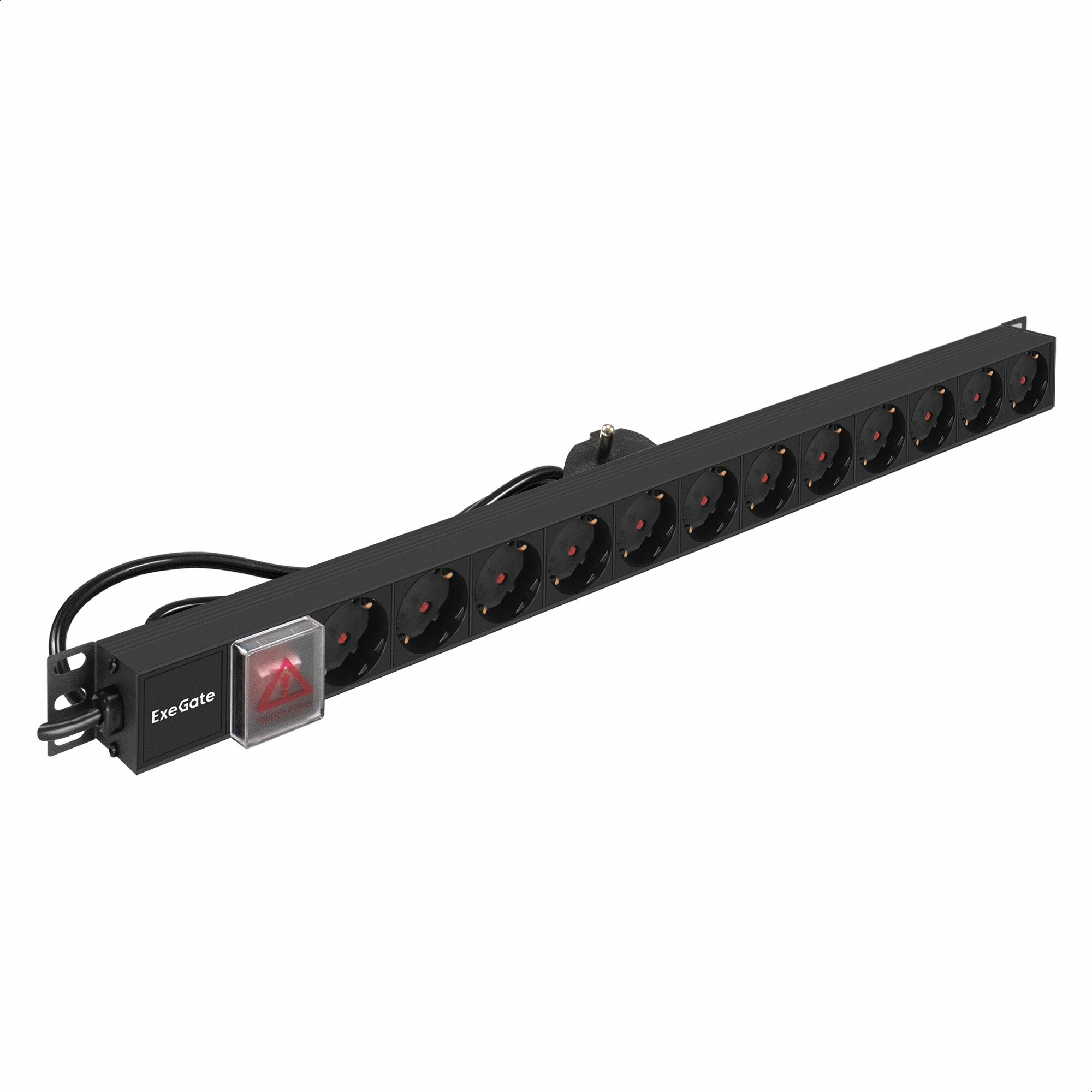 Блок розеток вертикальный ExeGate ServerPro PDU-V120 Al-12S-EU2.5-SW (19", 1U, Алюминий, 12 Schuko, кабель с евровилкой VDE-250V-16A-3*1.5mm2, 2.3 метра, выкл. с подсветкой, черный, RTL) EX296172RUS