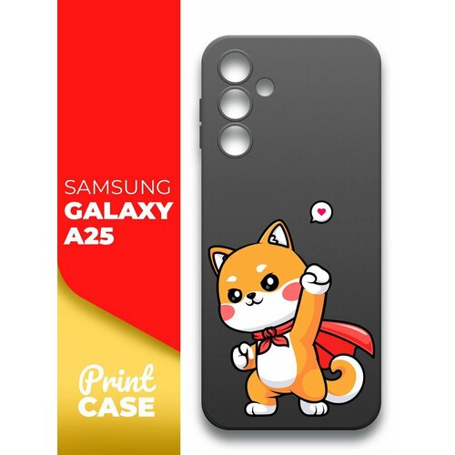 Чехол на Samsung Galaxy A25 (Самсунг Галакси А25) черный матовый силиконовый с защитой (бортиком) вокруг камер, Miuko (принт) Котик Супермэн