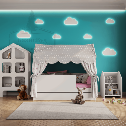 Изображение товара Кроватка детская домик с текстилем и ящиком (серый с принцессами) "Базовый"