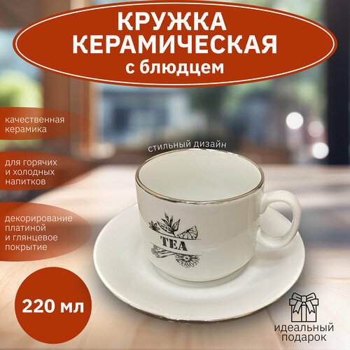 Чайная пара TEA COFFEE фарфор чашка 220мл с блюдцем платиновая обводка 510₽