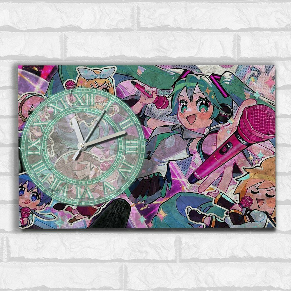 Настенные бесшумные часы ОСБ со смещенным циферблатом аниме мику хацунэ (вокалоид, синаморолл, девушка) - 2062