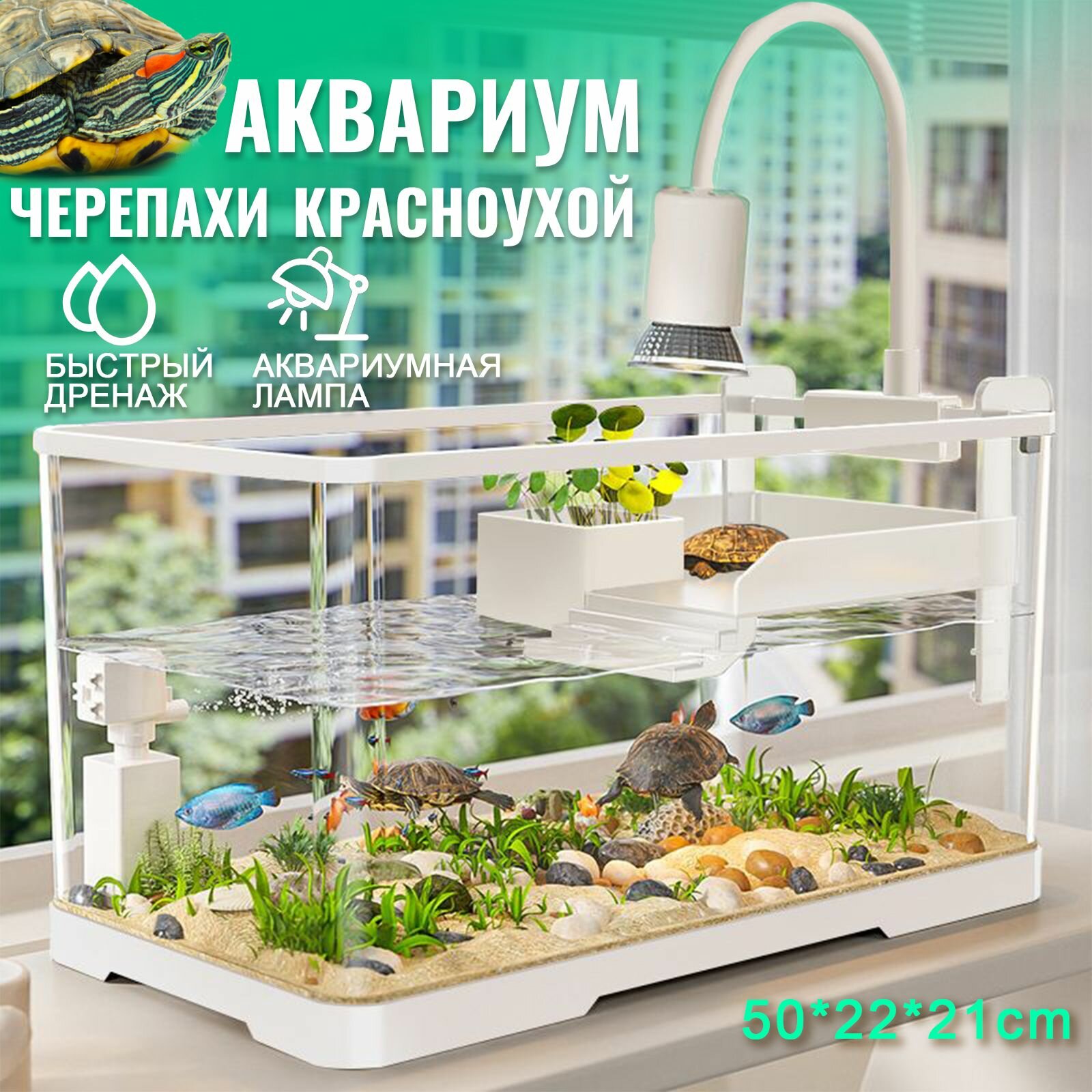 Аквариум для черепахи красноухой, 50*22*21cm, С аквариумным светильником и фильтром