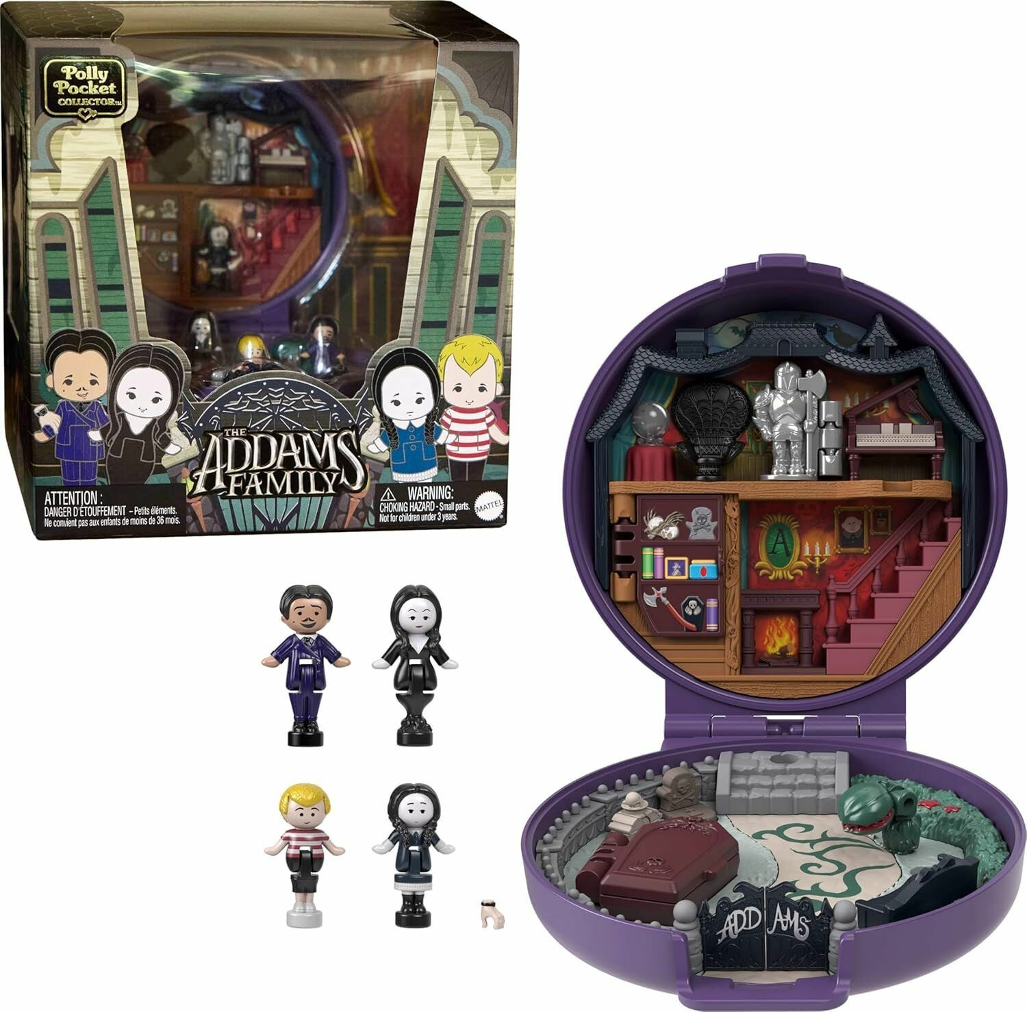 Фигурки Mattel Polly Pocket addams Коллекционный компактный набор Семейка Аддамс с фигурками и аксессуарами - Полли Покет HXW25