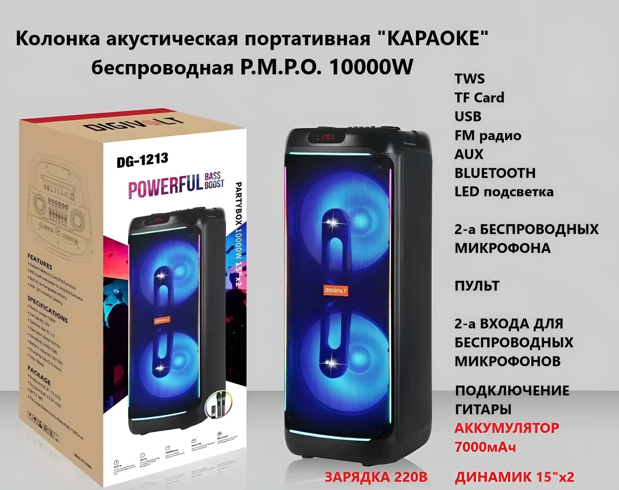 Колонка акустическая караоке DG 1213* P.M.P.O 10000Вт 2 микрофона Пульт Bluetooth USB FM TF AUX Вход для гитары