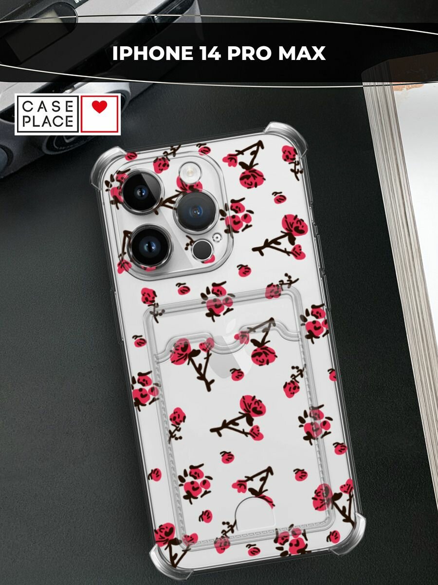Чехол на Apple iPhone 14 Pro Max (Айфон 14 Про Макс) с картой и принтом Паттерн красные розы