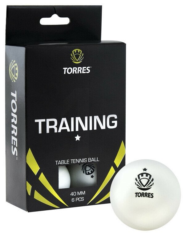 Тренировочный теннисный мяч для настольного тенниса Torres Training 1* для начинающих, диаметр 40+ мм, 6 штук в комплекте, белый