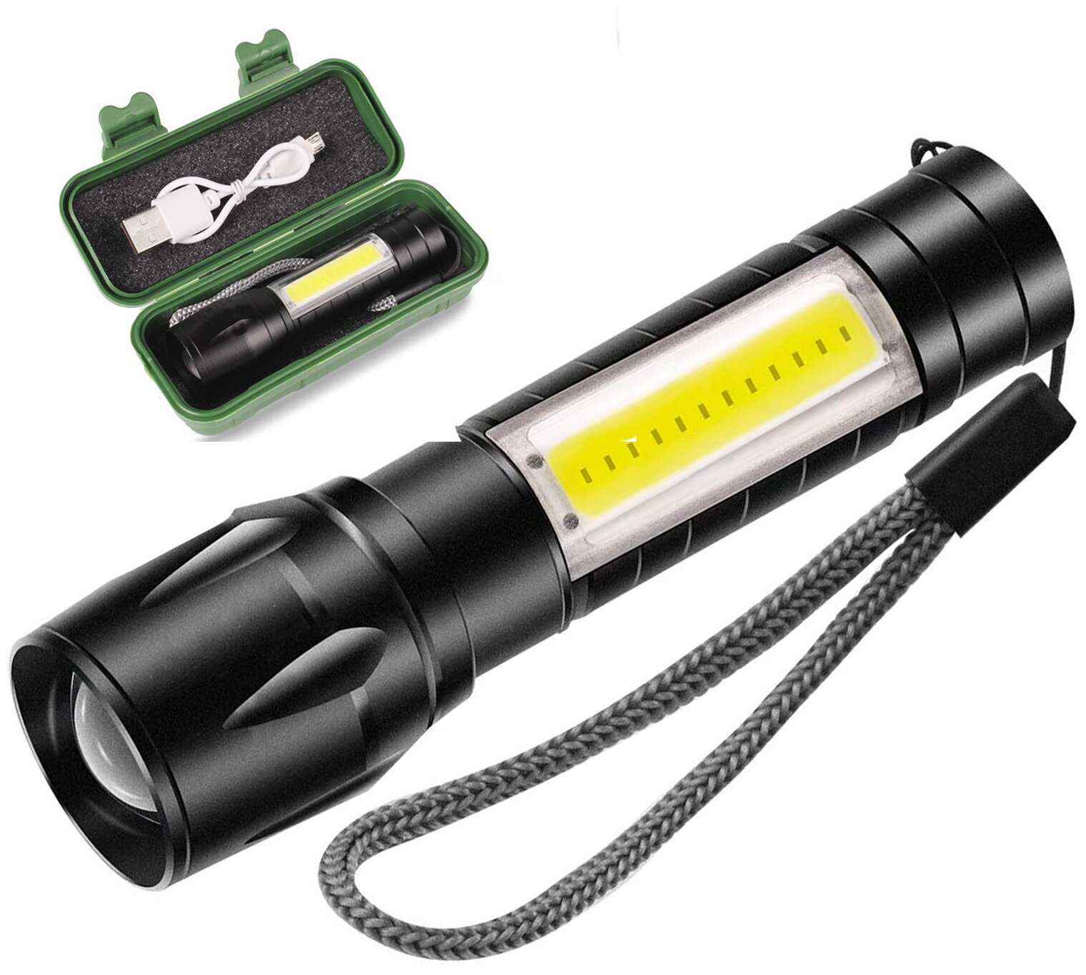 Ручной компактный фонарик от SimpleShop с регулировкой угла свечения, стробоскопом и зарядкой от USB