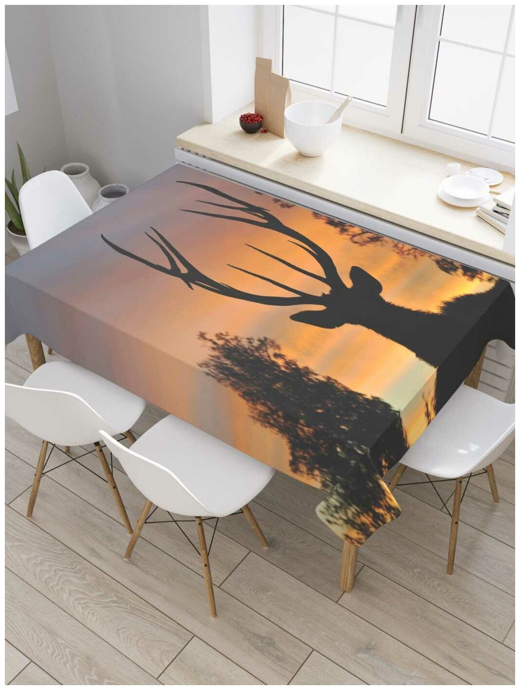 Скатерть прямоугольная JoyArty на кухонный стол "Вечерняя прогулка оленя" из оксфорда, 180x145 см