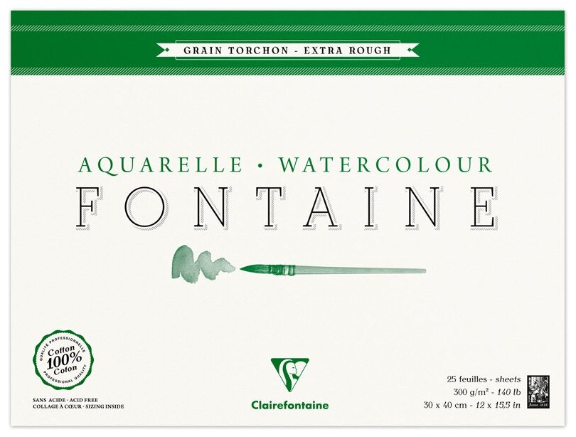 Альбом для акварели Clairefontaine 25 листов, 30х40 см, "Fontaine Grain torchon", 300 г/м2 (96430C)