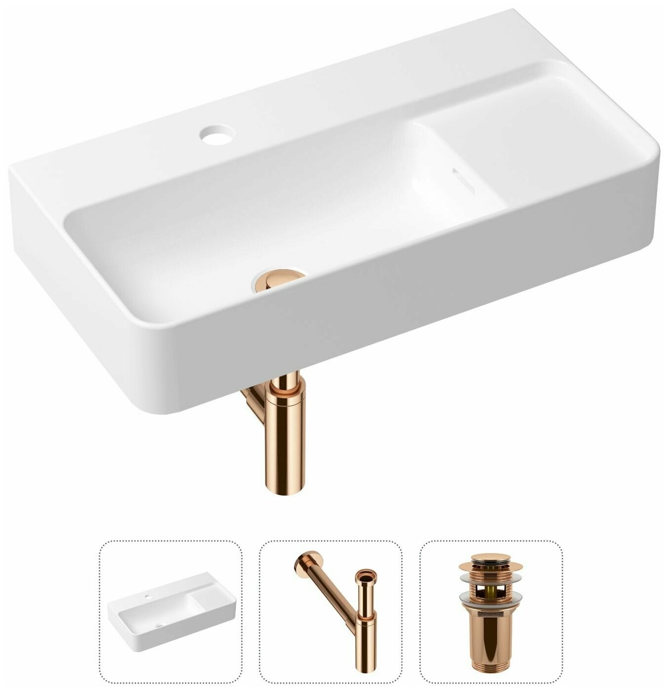 Накладная раковина в ванную Lavinia Boho Bathroom Sink Slim 21520528 в комплекте 3 в 1: умывальник белый, донный клапан и сифон в цвете розовое золото