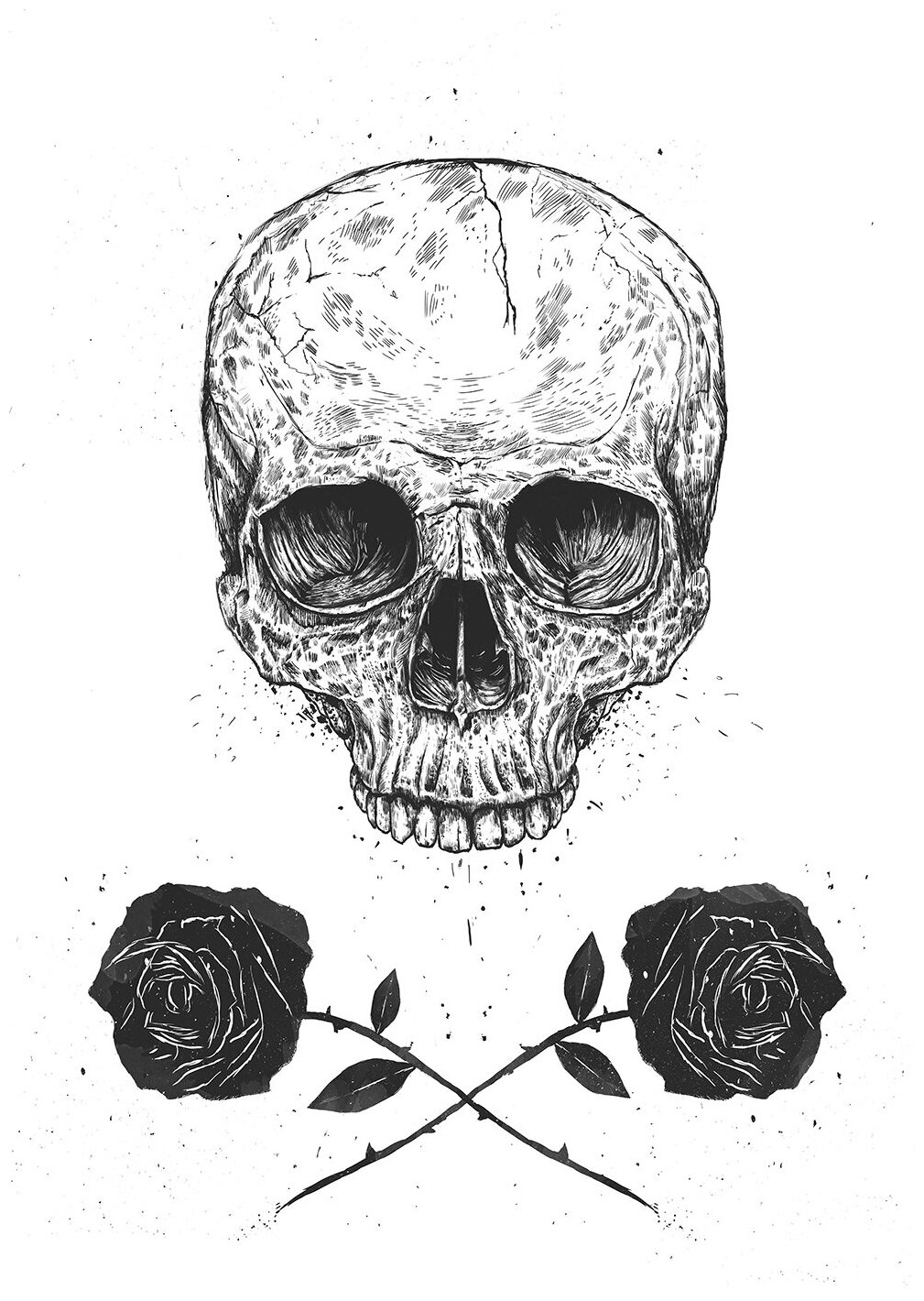 Интерьерный постер на стену в подарок "Skull N' Roses" размера 40x50 см 400*500 мм в черной раме для декора комнаты, офиса или дома