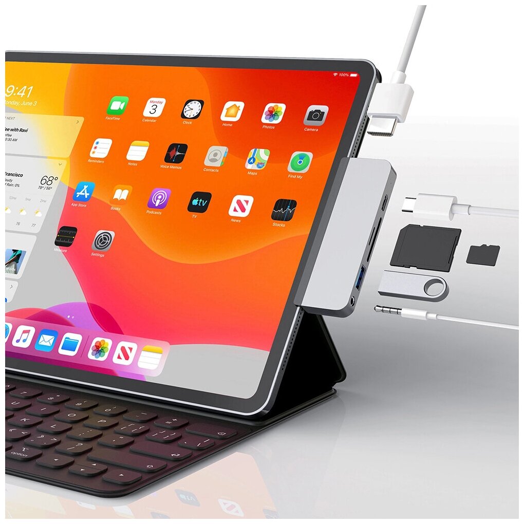 USB хаб Hyper HyperDrive 6-in-1 USB-C Hub для iPad Pro. Порты: HDMI 4K60Hz, USB-C 5Gbps 60W, MicroSD UHS-I 104MB/s, SD UHS-I 104MB/s, USB-A 5Gbps, 3.5mm Audio Jack. Цвет: серебряный.