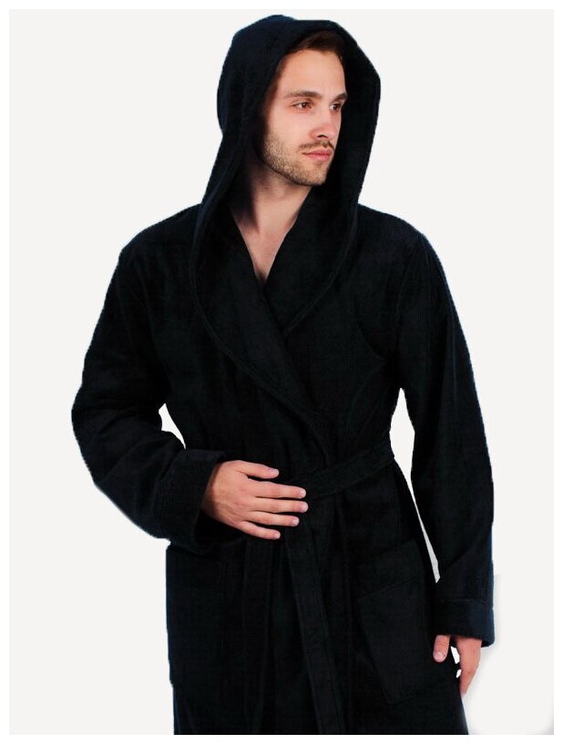 Мужской махровый халат с капюшоном, черный - фотография № 5