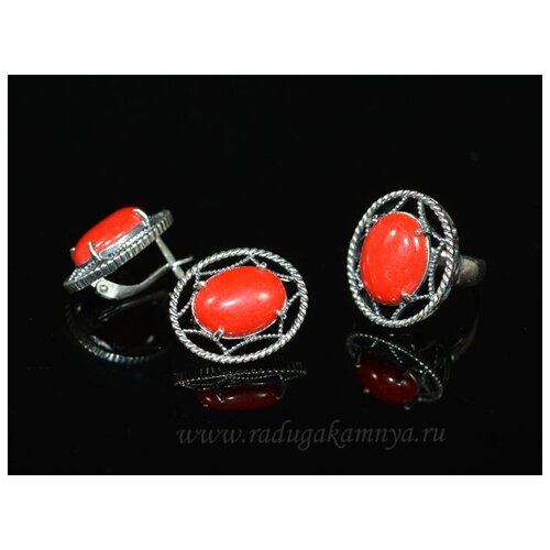 кольцо серьги с кораллом имитация размер 19 радугакамня Комплект бижутерии: кольцо, серьги, коралл, размер кольца 19