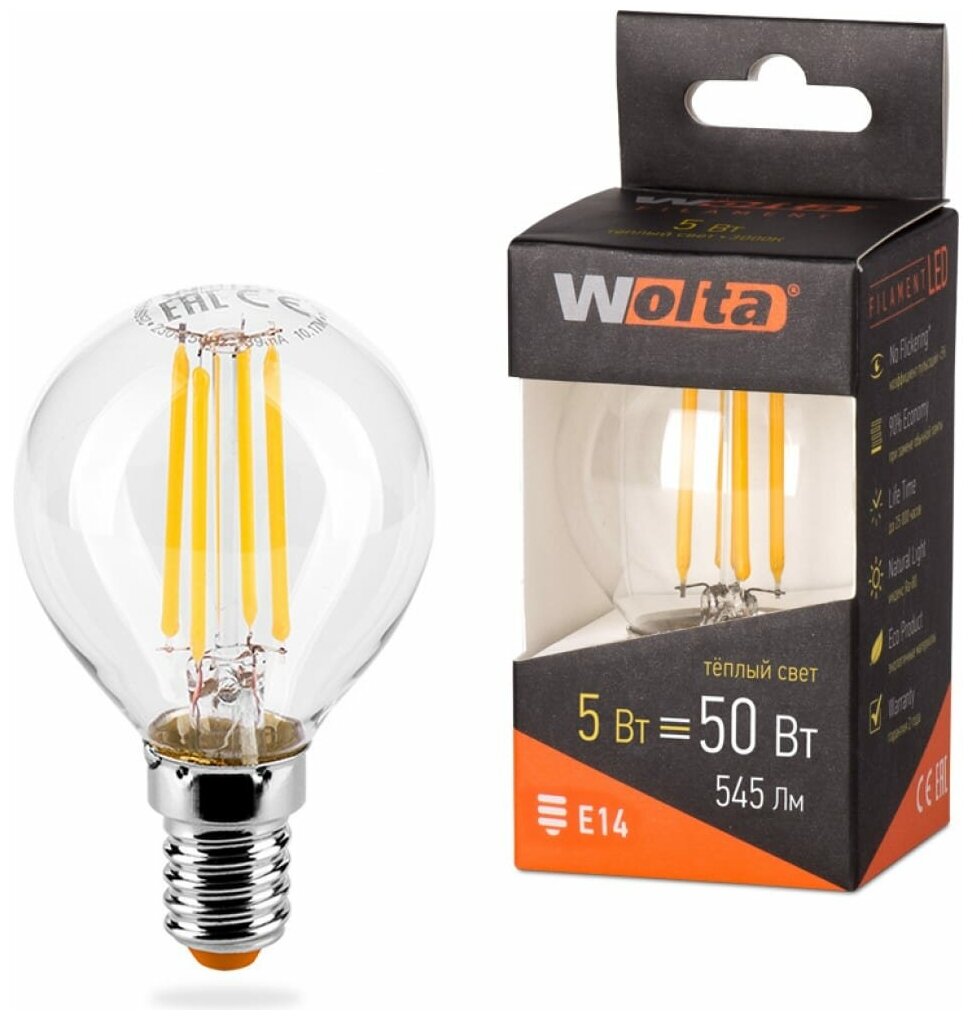 Лампа Wolta ШАР LED FILAMENT, 3000К, 25Y45GLFT5E14