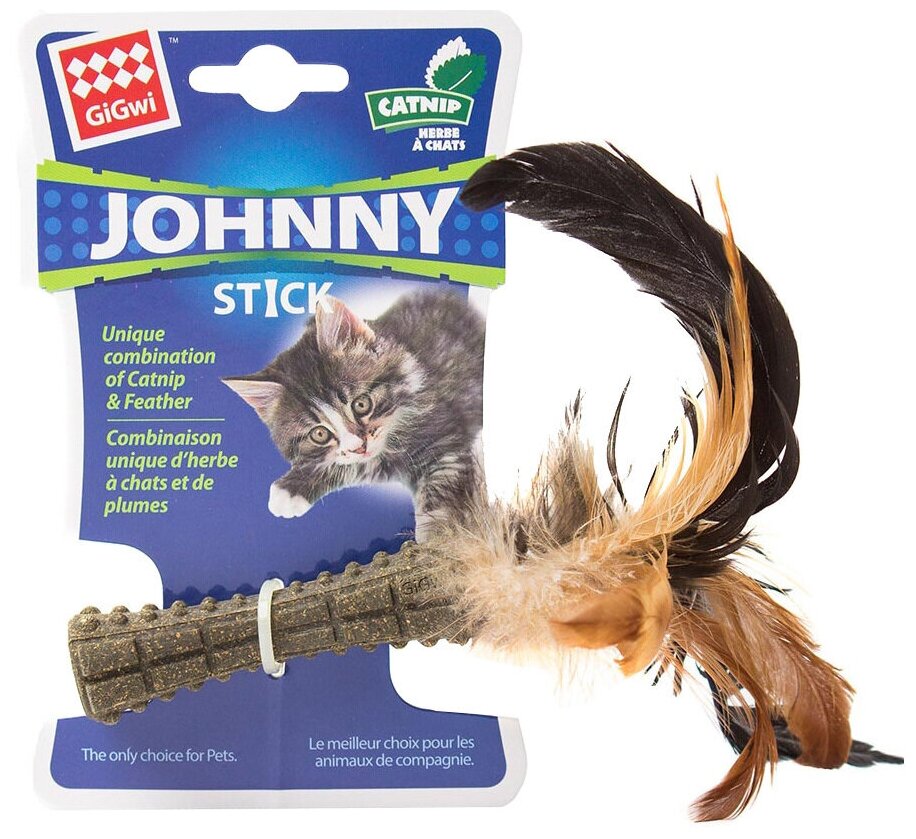 Мышка Игрушка для кошек GiGwi Johnny Stick кошачья мята с перьями прессованная 8 см - фотография № 1