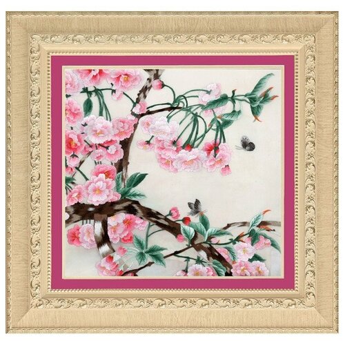 Картина вышитая шелком Цветущая розовая ветка ручной работы /см 54х54х4/багет+паспарту