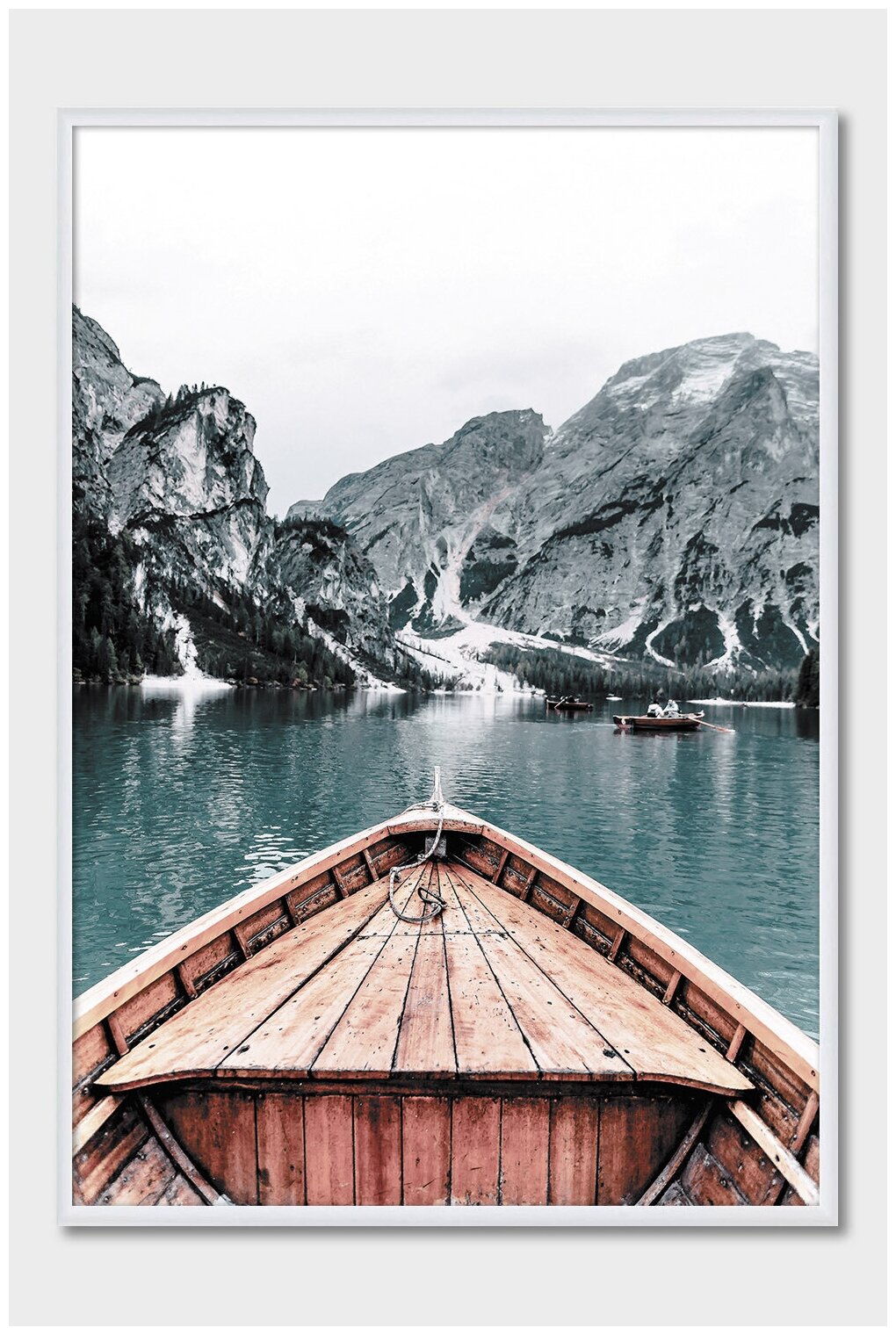 Постер на стену для интерьера Postermarkt Лодка на озере в горах, постер в белой рамке 40х50 см, постеры картины для интерьера в белой рамке