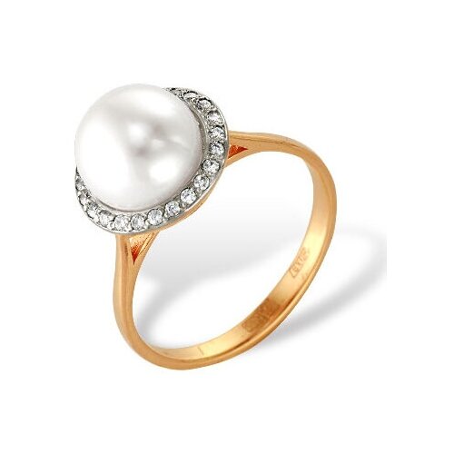 фото Золотое кольцо с белым жемчугом и белыми фианитами vorobyeva