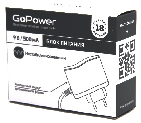 Блок питания GoPower 500mA 9V/500 5,5х2,1/12 нестабилизированный отрицательная полярность