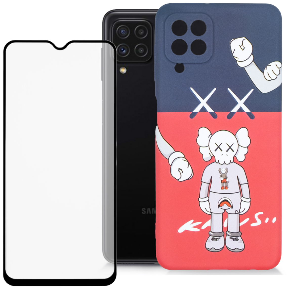 Комплект 2 в 1: Защитный чехол Kaws + защитное стекло для Samsung Galaxy A22 / M22 / M32 / Накладка / бампер с защитой камеры LUXO Самсунг а22